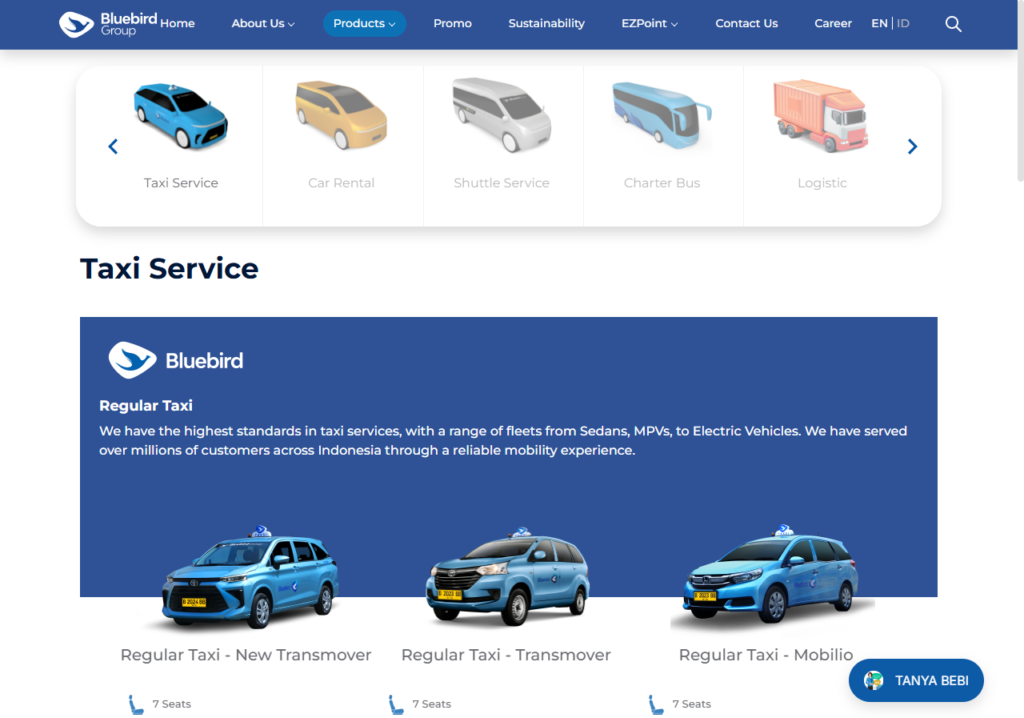 Bluebird's website page