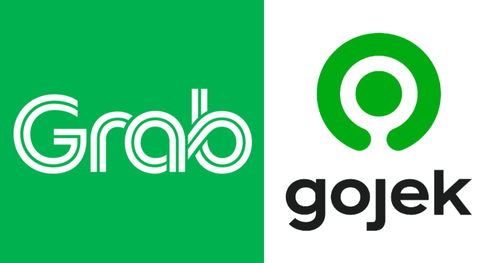 Logos of Grab and Gojek apps